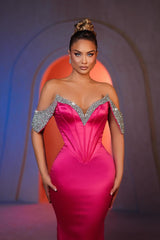 Mermaid Off The Shoulder Sleeveless Rhinestone Satin Formal Dress