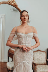 Mermaid Off The Shoulder Spaghetti Strap Sleeveless Lace Tulle Bridal Gown With Appliques