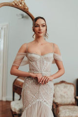 Mermaid Off The Shoulder Spaghetti Strap Sleeveless Lace Tulle Bridal Gown With Appliques