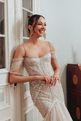 Mermaid Off The Shoulder Spaghetti Strap Sleeveless Lace Tulle Bridal Gown With Appliques