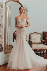 Mermaid Off The Shoulder Spaghetti Strap Sleeveless Lace Tulle Bridal Gown With Appliques