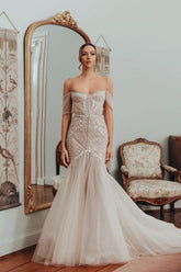 Mermaid Off The Shoulder Spaghetti Strap Sleeveless Lace Tulle Bridal Gown With Appliques