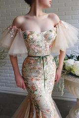 Mermaid Off The Shoulder Tulle Lace Formal Dress With Flowers