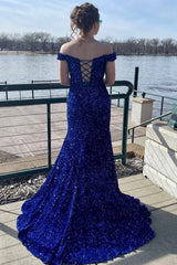 Mermaid Off the Shoulder Royal Blue Prom Dress Sequined Long Evening Dress with Sweep Train