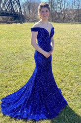 Mermaid Off the Shoulder Royal Blue Prom Dress Sequined Long Evening Dress with Sweep Train