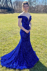 Mermaid Off the Shoulder Royal Blue Prom Dress Sequined Long Evening Dress with Sweep Train