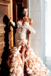 Mermaid One Shoulder Beaded Pearls Formal Dress With Slit