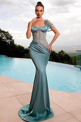 Mermaid One Shoulder Beading Satin Sleeveless Formal Dress