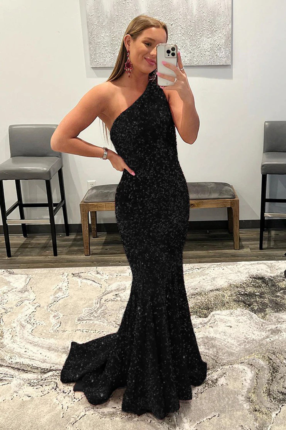 Mermaid One Shoulder Black Prom Dress Sequined Evening Dress