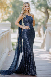 Mermaid One Shoulder Cape Navy Wedding Guest Dress Prom Dress