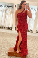 Mermaid One Shoulder Dark Purple Prom Dress Sequined Long Evening Dress