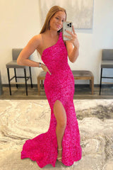 Mermaid One Shoulder Fuchsia Prom Dress Sequined Evening Dress with Slit