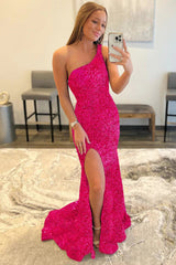Mermaid One Shoulder Fuchsia Prom Dress Sequined Evening Dress with Slit