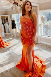 Mermaid One Shoulder Orange Prom Dress Long Evening Dress with Star Appliques
