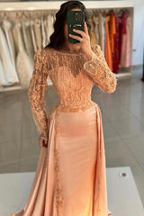 Mermaid Orange Crew Sleeves Lace Floor Length Detachable Panel Train Satin Formal Dress