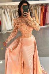 Mermaid Orange Crew Sleeves Lace Floor Length Detachable Panel Train Satin Formal Dress