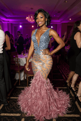 Mermaid Prom Dress Deep V Neck Formal Evening Dress with Beadings and Feathers