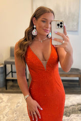 Mermaid Prom Dress Deep V Neck Orange Long Evening Dress with Beading