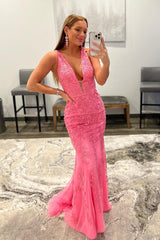 Mermaid Prom Dress Deep V Neck Pink Long Evening Dress with Appliques