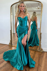 Mermaid Prom Dress Emerald Green Sweetheart Corset Satin Evening Dress with Slit