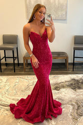 Mermaid Prom Dress Fuchsia Sequins Long Evening Dress