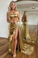 Mermaid Prom Dress Golden Strapless Corset Ruched Long Evening Dress with Slit