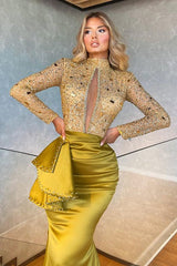 Mermaid Prom Dress Green Long Sleeve High Neck Beaded Formal Dress