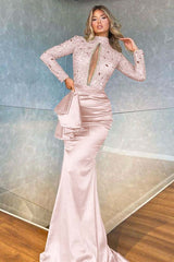 Mermaid Prom Dress Green Long Sleeve High Neck Beaded Formal Dress