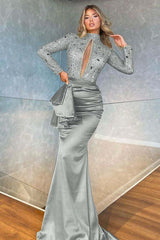 Mermaid Prom Dress Green Long Sleeve High Neck Beaded Formal Dress