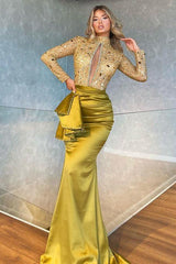 Mermaid Prom Dress Green Long Sleeve High Neck Beaded Formal Dress
