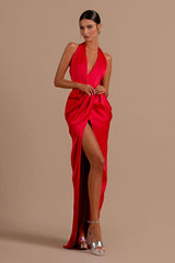 Mermaid Prom Dress Halter Neck Sleeveless Satin Formal Dress