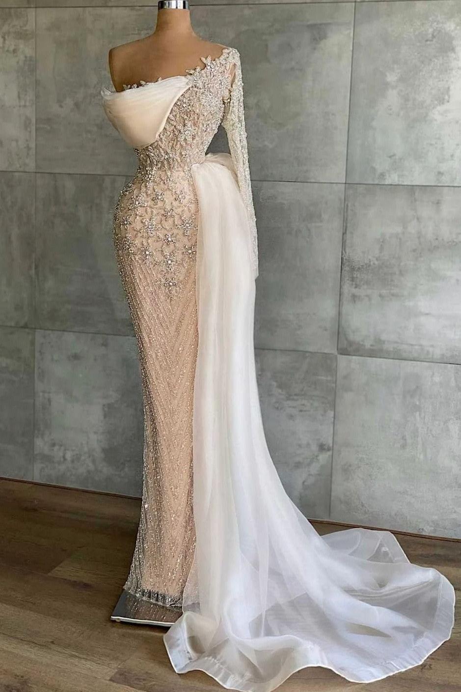 Mermaid Prom Dress Long Sleeve Asymmetric Beaded Formal Dress