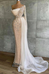 Mermaid Prom Dress Long Sleeve Asymmetric Beaded Formal Dress