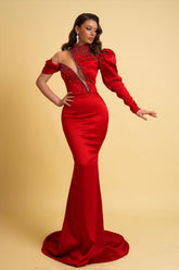 Mermaid Prom Dress Long Sleeve Asymmetric Neck Beaded Formal Dress