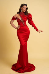 Mermaid Prom Dress Long Sleeve Asymmetric Neck Beaded Formal Dress