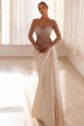 Mermaid Prom Dress Long Sleeve Bateau Neck Beaded Formal Dress