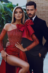 Mermaid Prom Dress Long Sleeve Beaded Asymmetric Neck Formal Dress