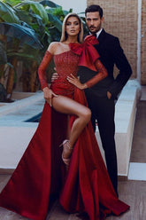 Mermaid Prom Dress Long Sleeve Beaded Asymmetric Neck Formal Dress
