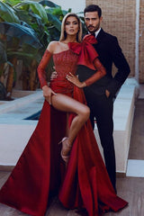 Mermaid Prom Dress Long Sleeve Beaded Asymmetric Neck Formal Dress