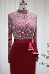 Mermaid Prom Dress Long Sleeve High Neck Beaded Formal Dress