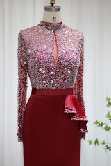 Mermaid Prom Dress Long Sleeve High Neck Beaded Formal Dress