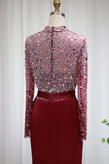 Mermaid Prom Dress Long Sleeve High Neck Beaded Formal Dress