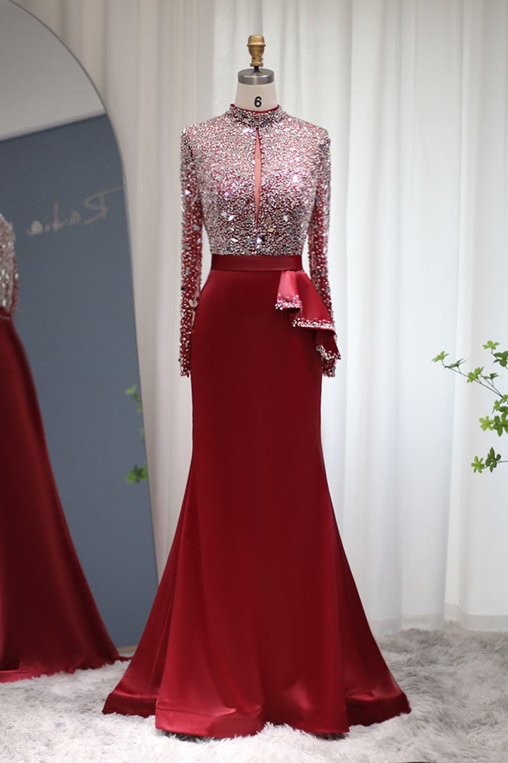 Mermaid Prom Dress Long Sleeve High Neck Beaded Formal Dress