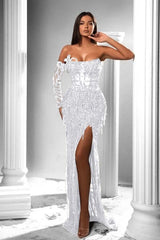 Mermaid Prom Dress Long Sleeve Strapless Sequined Formal Dress