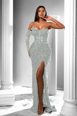 Mermaid Prom Dress Long Sleeve Strapless Sequined Formal Dress