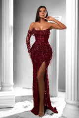 Mermaid Prom Dress Long Sleeve Strapless Sequined Formal Dress