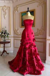 Mermaid Prom Dress Sleeveless Strapless Satin Formal Dress With 3D Flowers