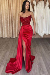 Mermaid Prom Dress Strapless Satin Sequined Formal Dress