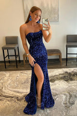 Mermaid Royal Blue Prom Dress Sequin Evening Dress With Slit