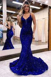 Mermaid Royal Blue Prom Dress Spaghetti Straps Sequined Long Evening Dress